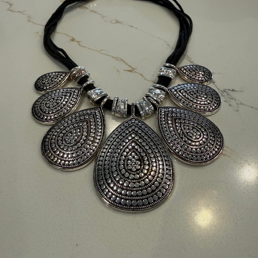 Boho Statement St Thomas Silver Tone Teardrop Bib Black Cord Necklace